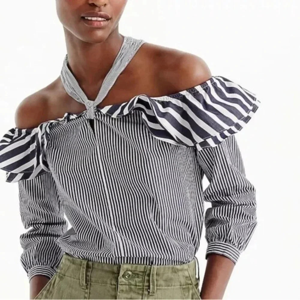 J. Crew Blue White Striped Off the Shoulder Ruffle Halter Top Blouse Size 2 XS